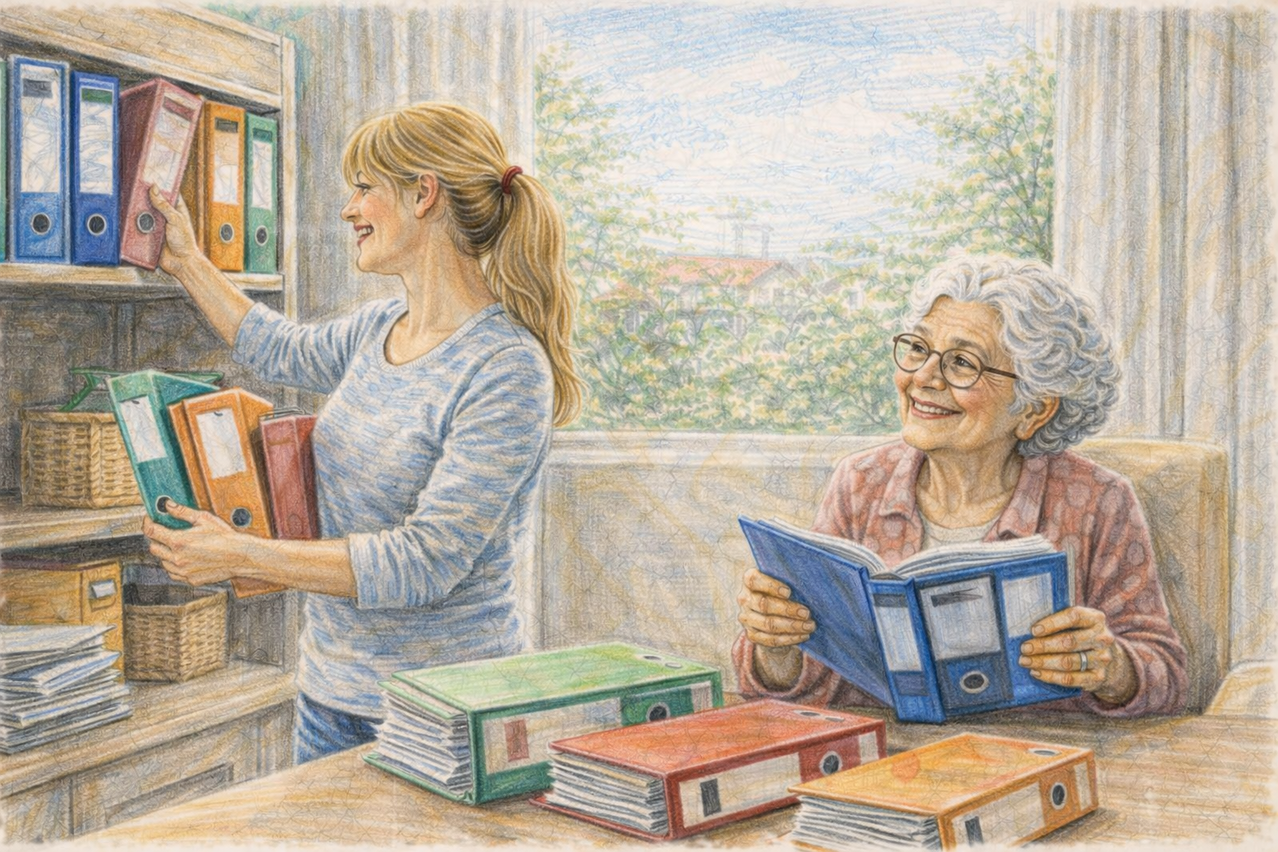 Eine junge Alltagsbegleiterin hilft einer älteren Dame beim Bearbeiten von Unterlagen. 
Bild: KI-generiert mit ChatGPT (OpenAI, Modell DALL·E)