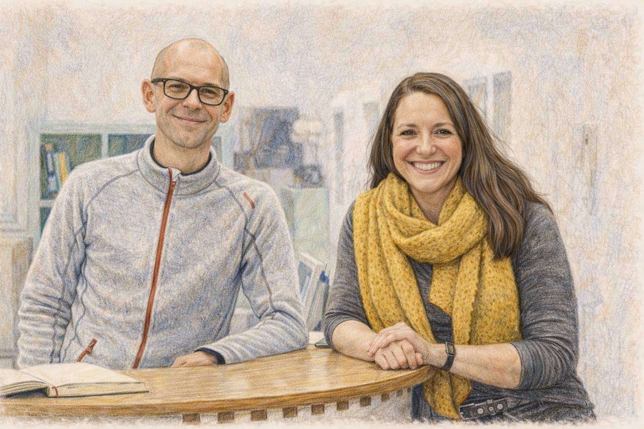 Eine Mitarbeiterin und ein Mitarbeiter stehen lächelnd am Empfang bei Putz & Plausch.
Bild: KI-generiert mit ChatGPT (OpenAI, Modell DALL·E)