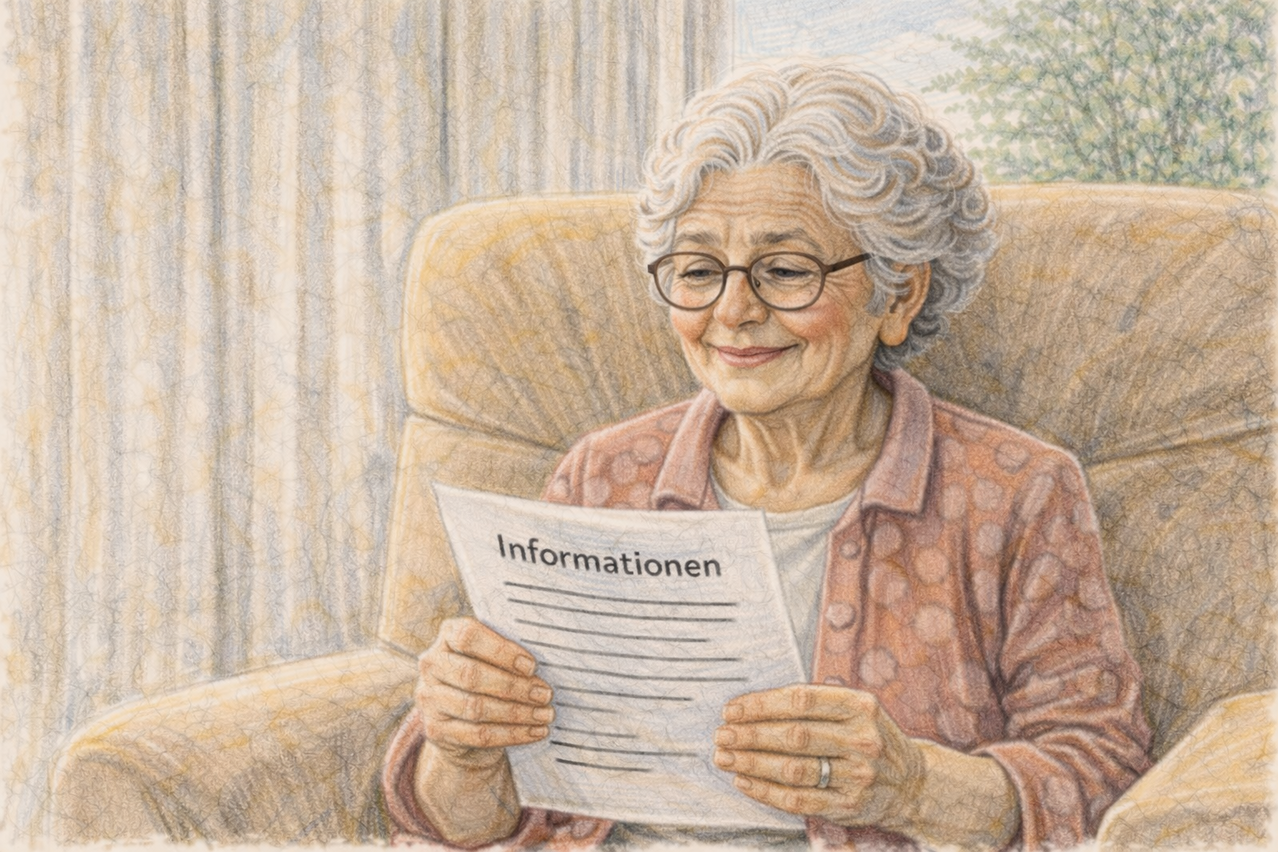 Eine ältere Dame sitzt im Sessel und liest ein Blatt mit Informationen.
Bild: KI-generiert mit ChatGPT (OpenAI, Modell DALL·E)