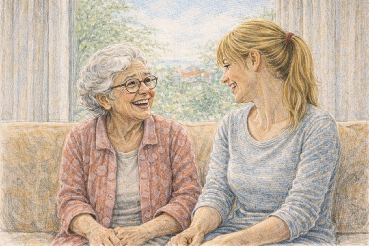 Eine junge Alltagsbegleiterin sitzt mit einer älteren Dame auf dem Sofa und plaudert.
Bild: KI-generiert mit ChatGPT (OpenAI, Modell DALL·E)